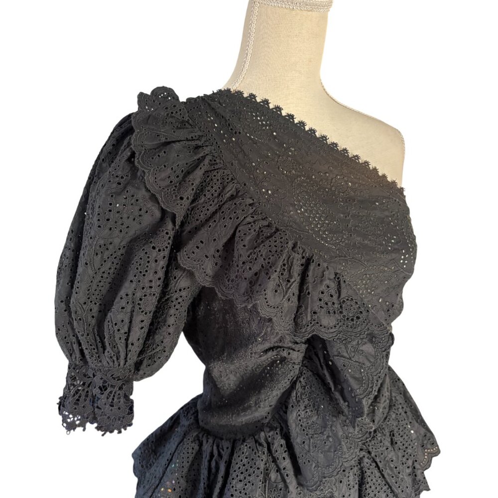 Ulla Johnson Twyla Dress in noir black size 8 one shoulder cotton eyelet midi 6 - Picture 4 of 11